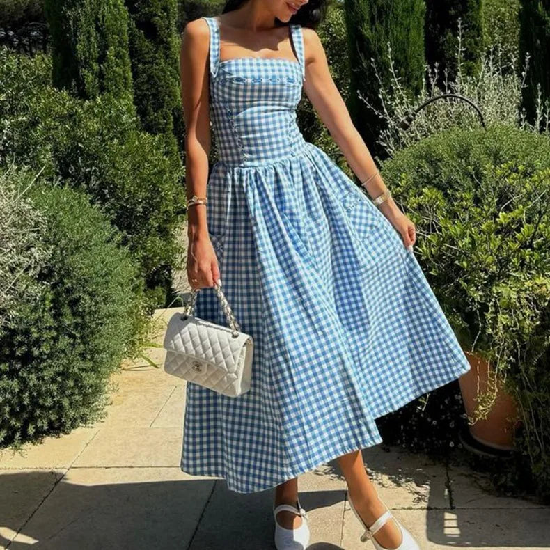 Blue Plaid Ribbon Lace Up Strap Midi Dress