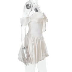 White Satin Off Shoulder Elastic Puff Mini Dress
