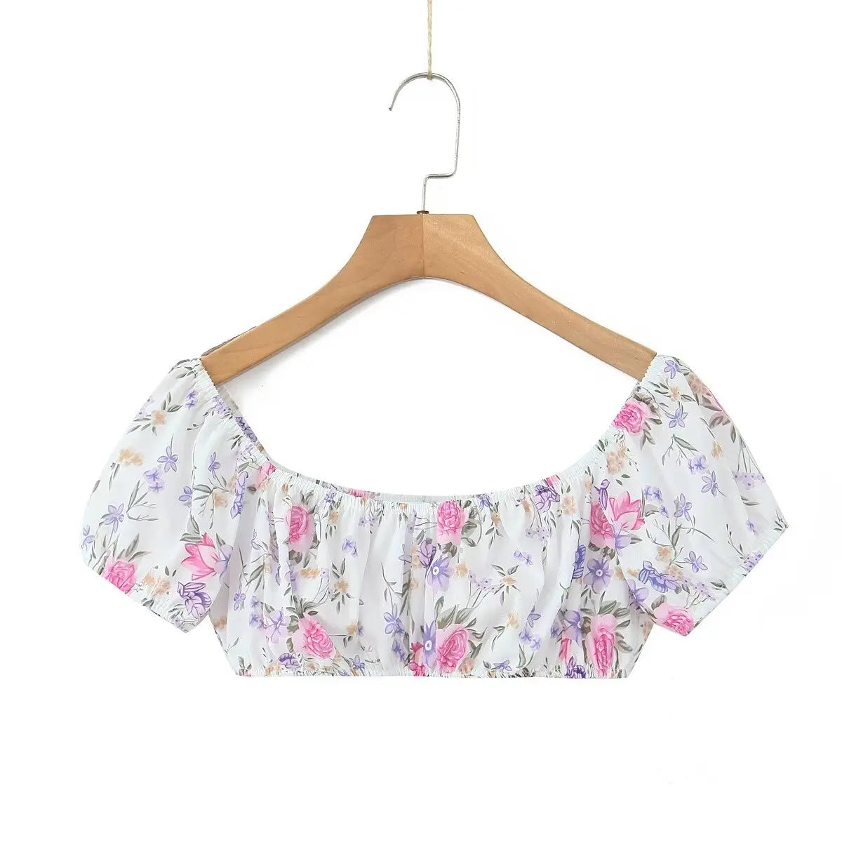 Printed Ruched Short Puff Sleeve Crop Top