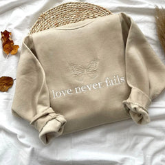 Love Never Fails Butterfly Embroidered Khaki Crewneck Sweatshirt