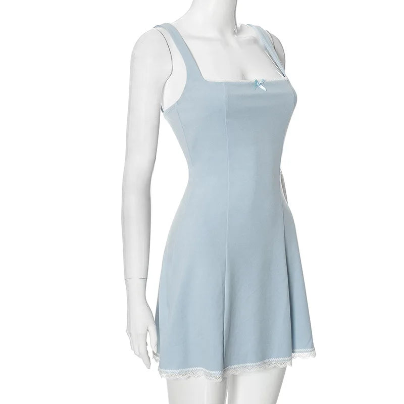 Blue Square Neck Strap Mini Dress