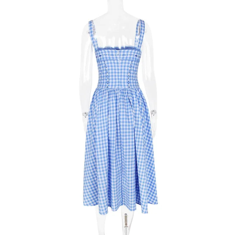Blue Plaid Ribbon Lace Up Strap Midi Dress