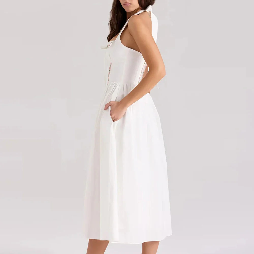 Green Embroidered Halter Midi Dress - A-Line Fit