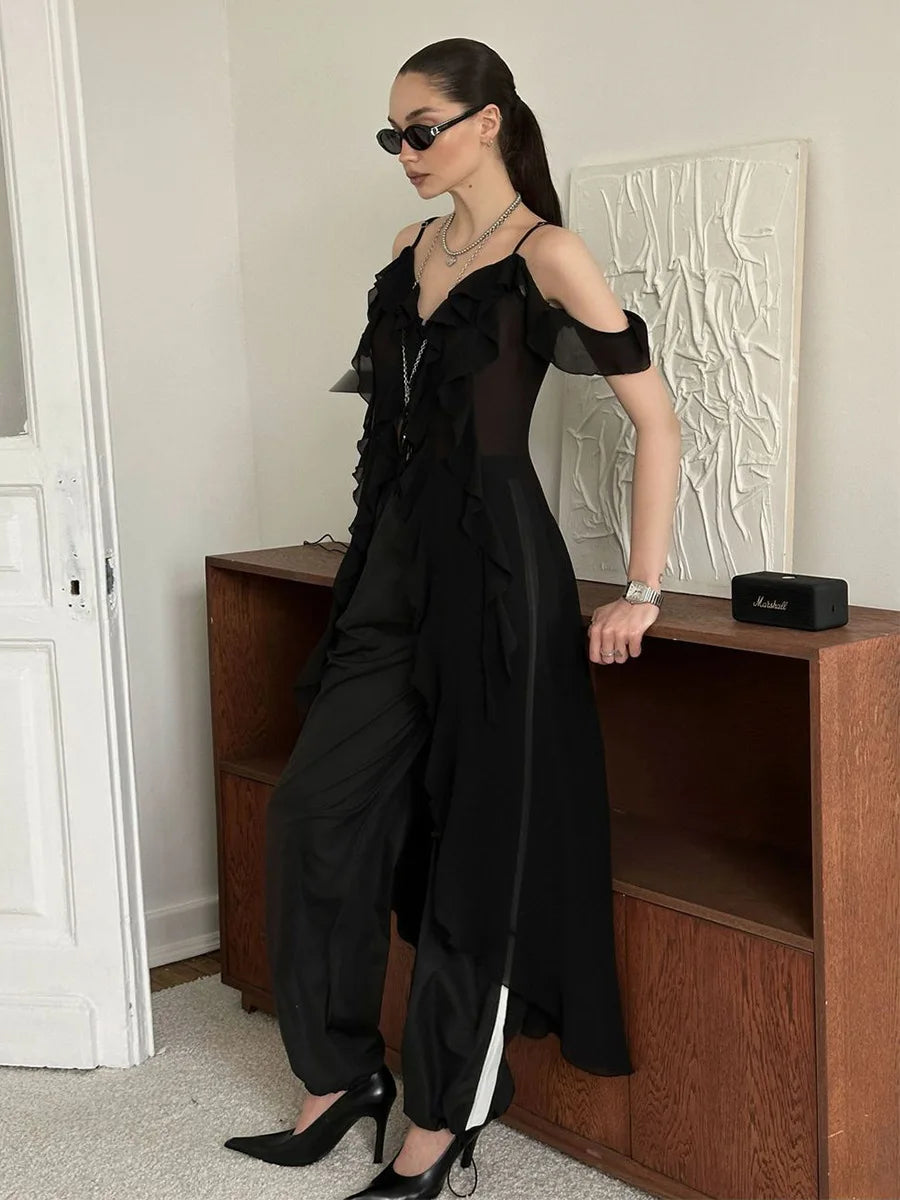 Ruffled Fringe Strap V-Neck Long Top
