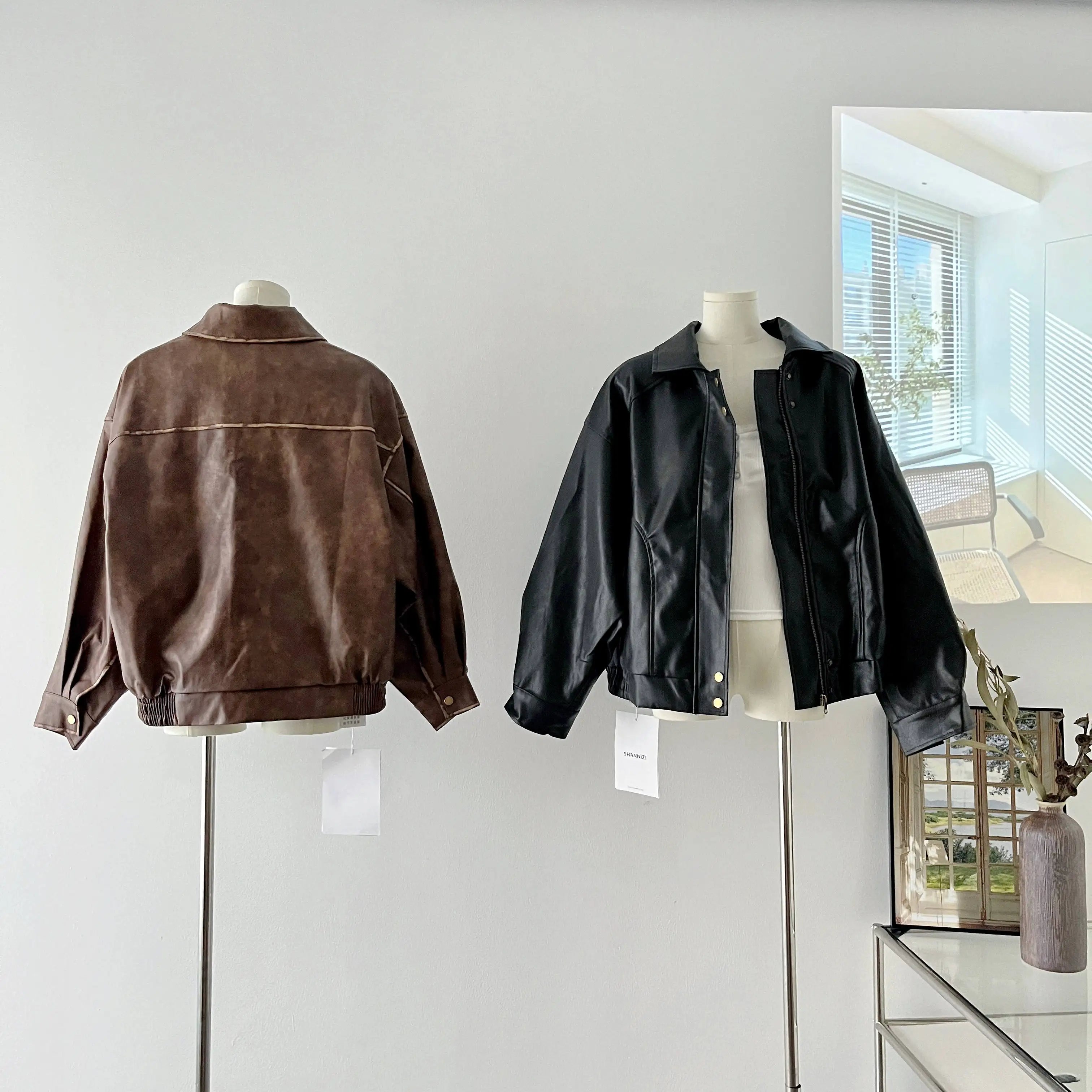 Faux Leather Zipper Over-shirt Jacket