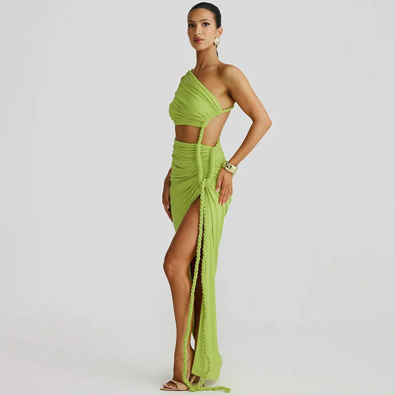 Cut Out Rope Design One Shoulder Slit Midi Dress