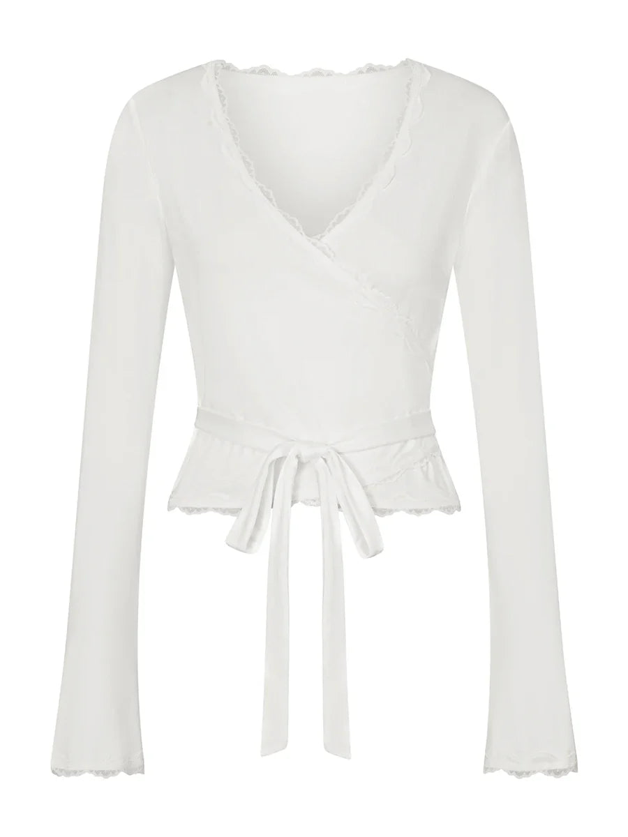 Lace Trim Cross Tie Ballet Wrap Top