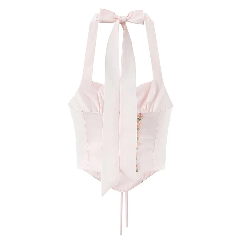 Pink Floral Embroidery Lace Up Halter Top