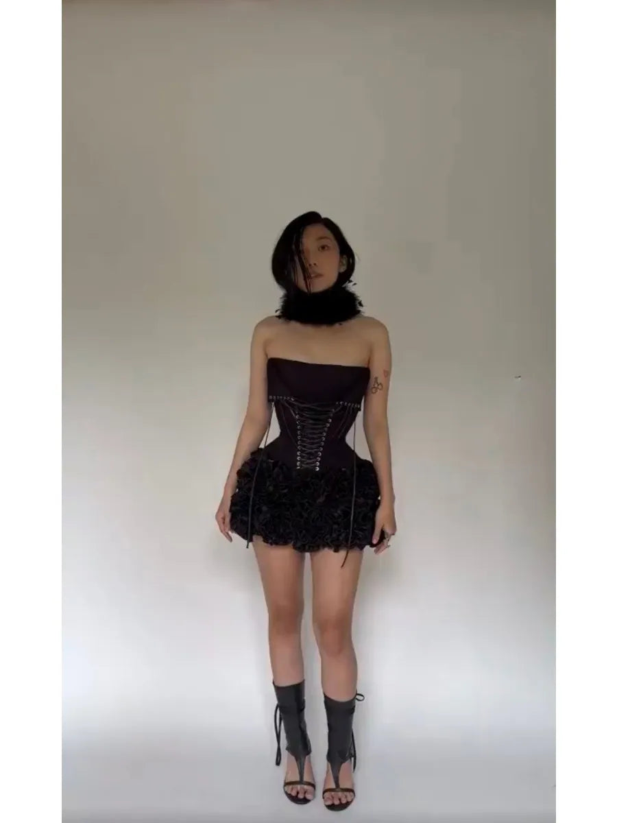 Black Corset Top & Ruffle Mini Skirt Set