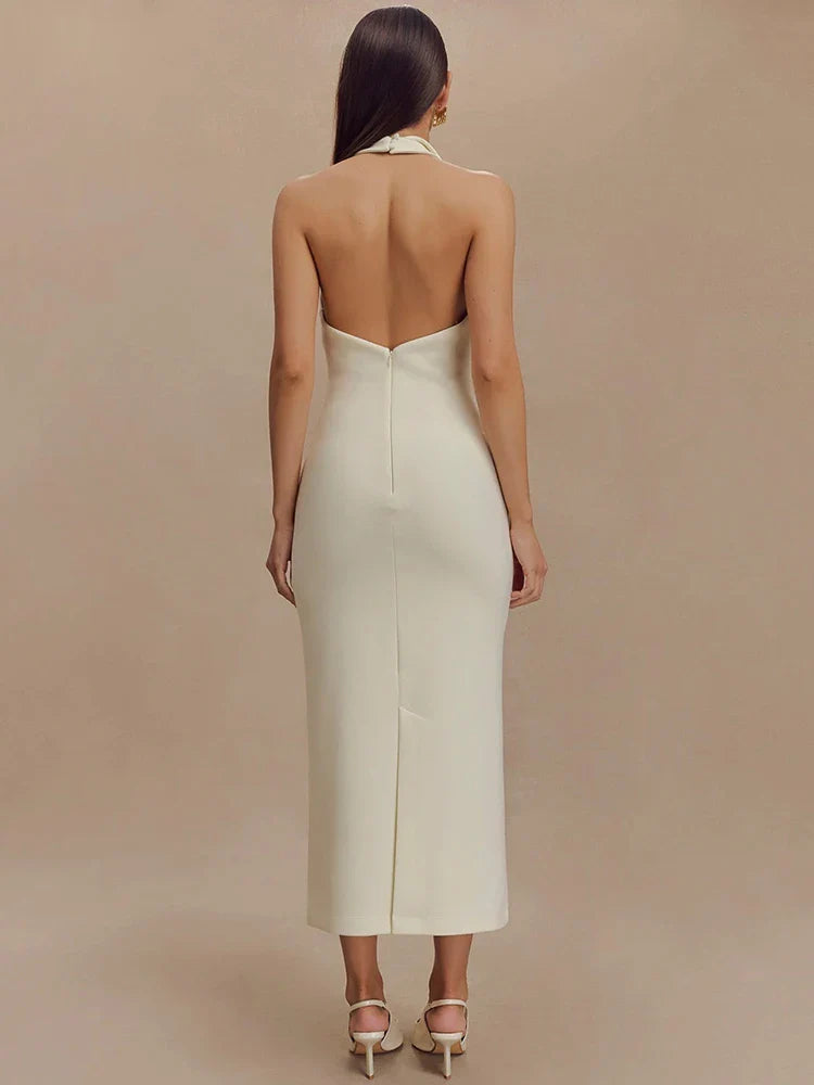 Deep Neck Large Collar Buttoned Halter Midi Dress