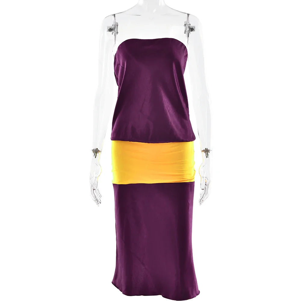 Satin Tube Color Patchwork Long Dress