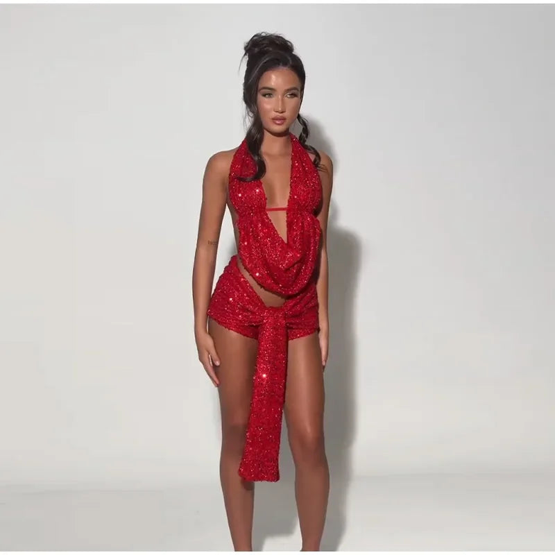 Sequins Deep Neck Halter Tank Top