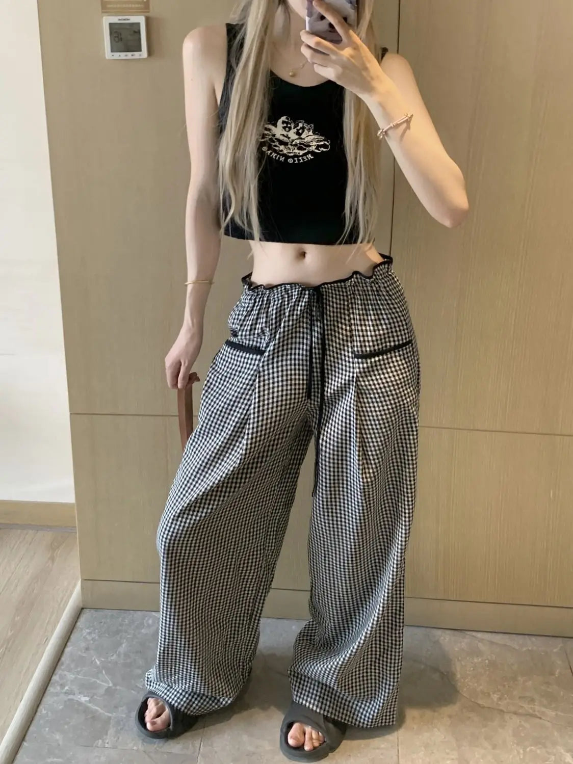 Black Plaid Drawstring Wide Leg Palazzo Pants