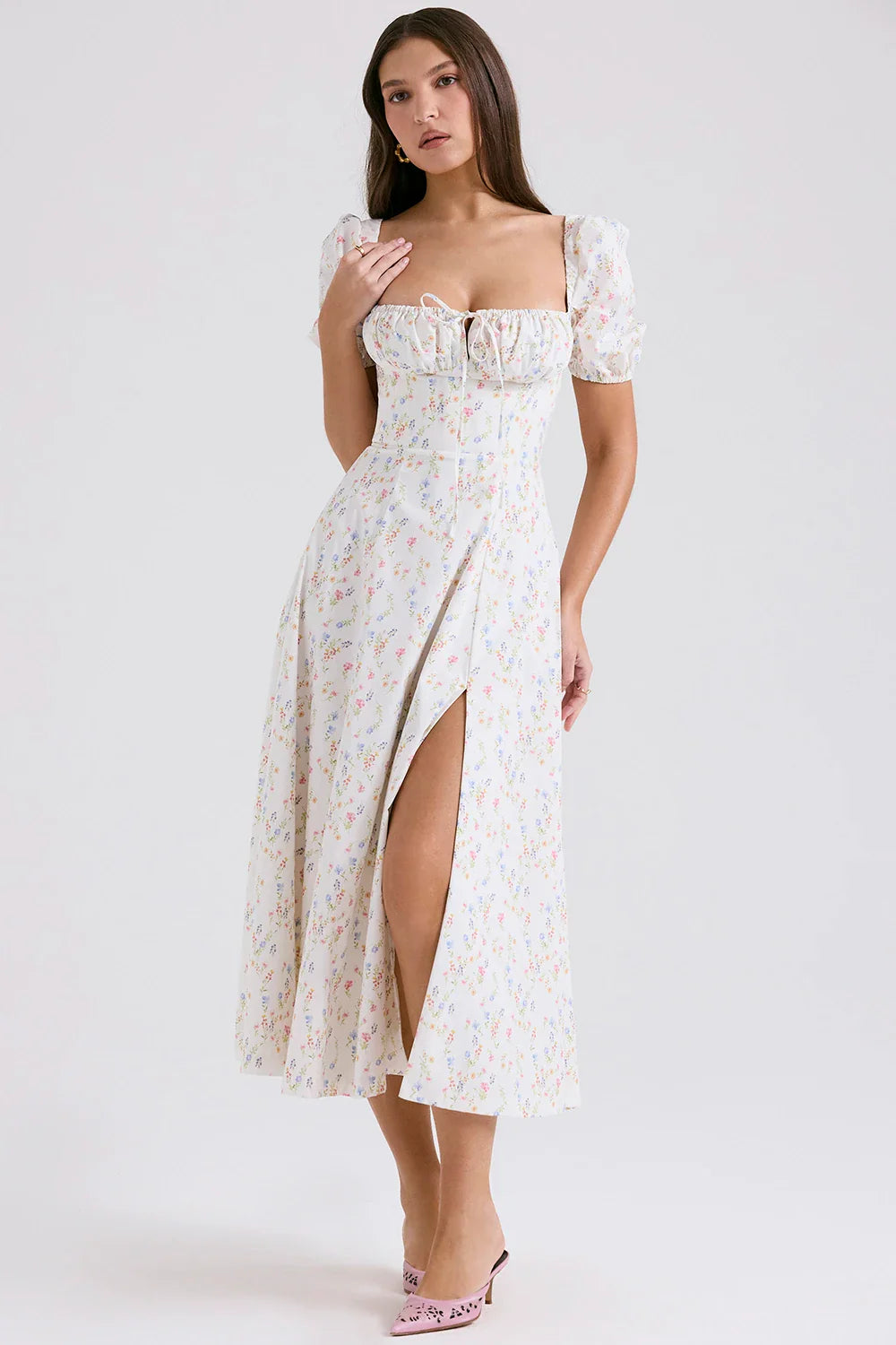 Puff Sleeves Floral Printed Midi Dress