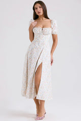 Puff Sleeves Floral Printed Midi Dress