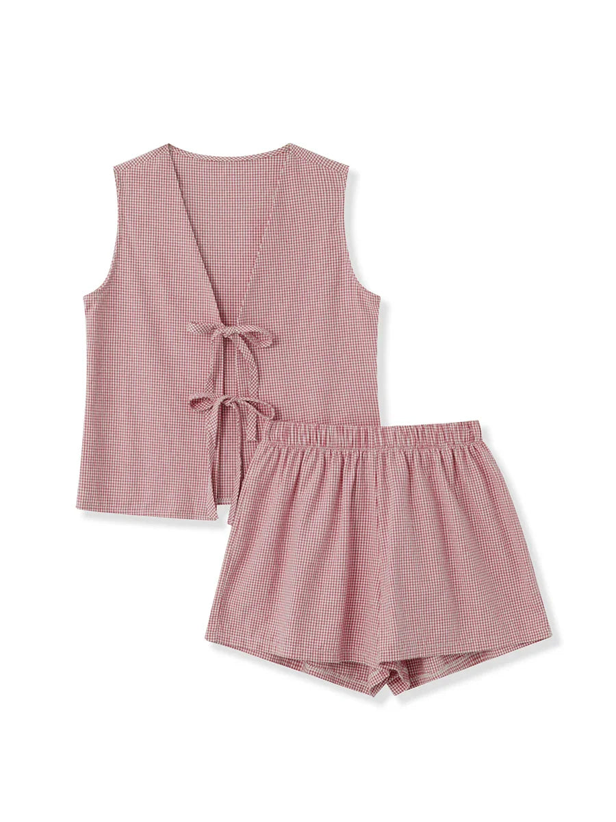 Plaid Tie Up Top And Shorts Set