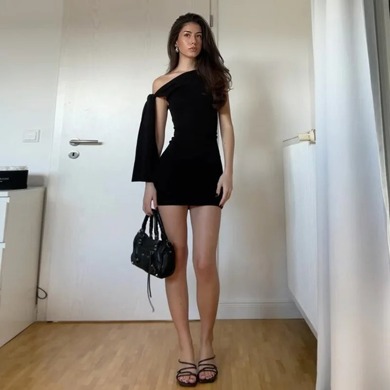 Black One Shoulder Tie Up Mini Dress