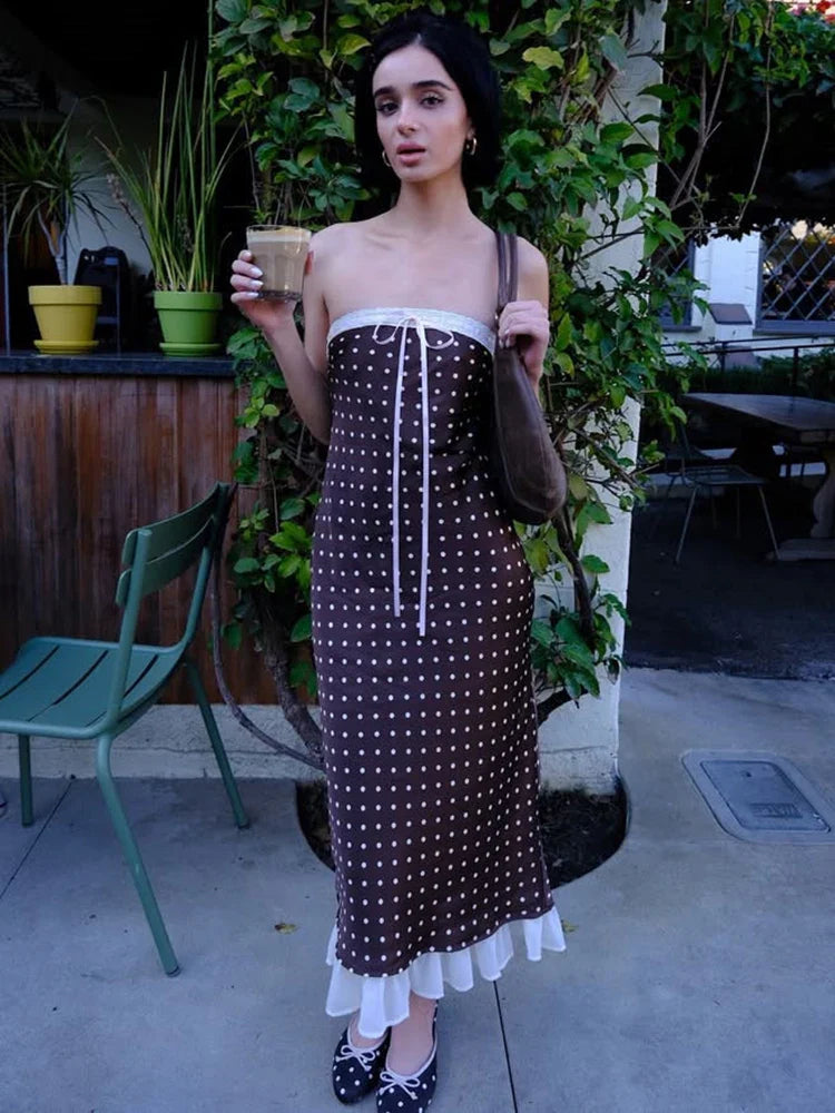 Brown Satin Polka Dot Strapless Midi Dress