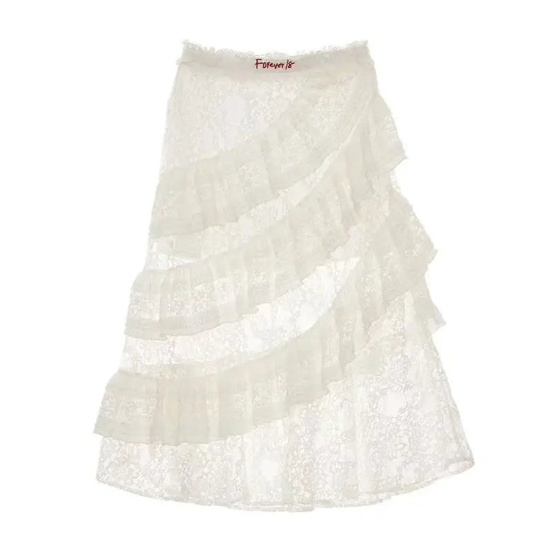 White Lace Layer Tulle Midi Skirt
