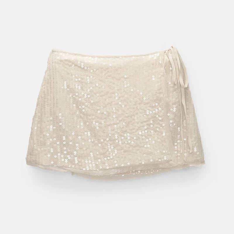 Sheer Strap Sequin Top Lace Up Mini Skirt Set