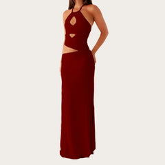 Cutout Solid Long Dress - Halter Neck A-Line