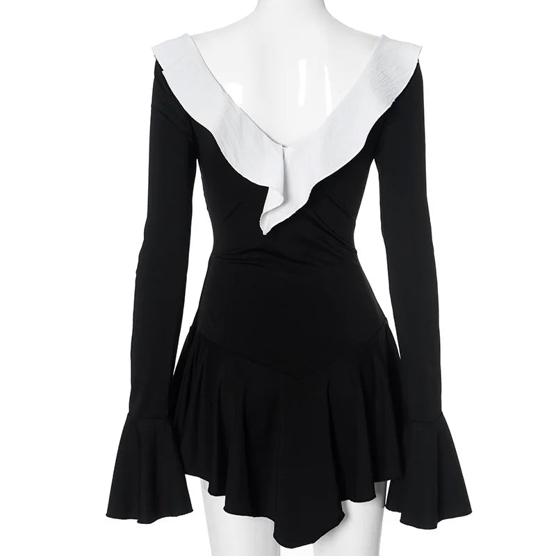 Black Long Sleeve White Ruffles Mini Dress