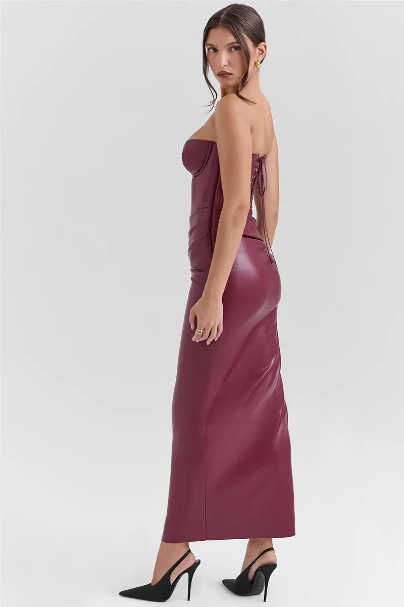 Burgundy Strapless PU Leather Maxi Dress