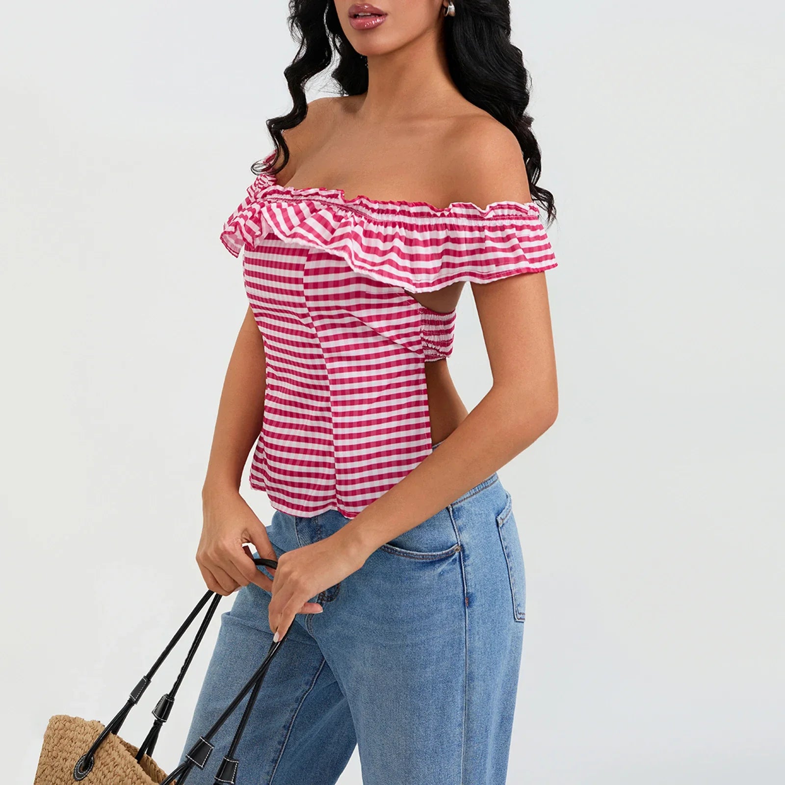 Red Plaid Off Shoulder Ruffles Top