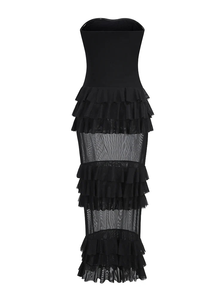 Black Ruffles Patchwork Strapless Maxi Dress
