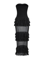 Black Ruffles Patchwork Strapless Maxi Dress