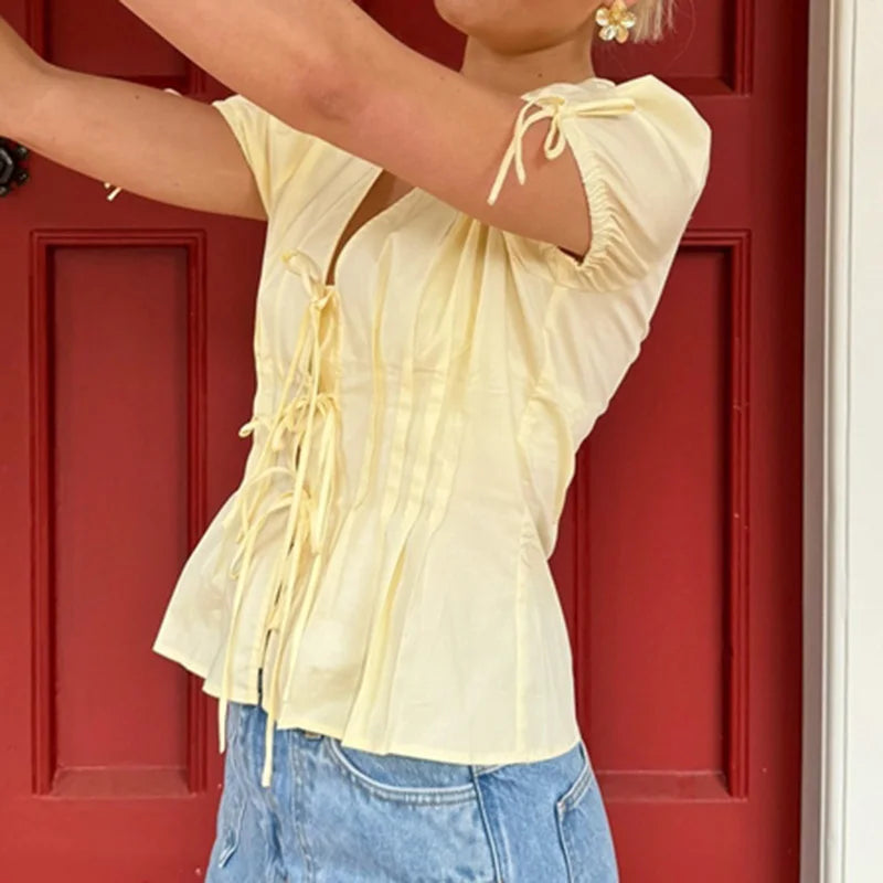 Short Sleeve Tie Up Pleated Waist Blouse