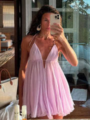 Chiffon Strap Mini Flare Dress - V-Neck A-Line