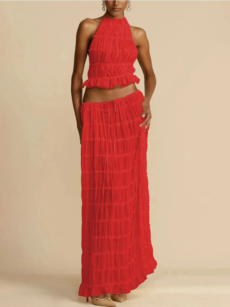 Halterneck Ruched Open Back Tie Up Top And Maxi Skirt Set