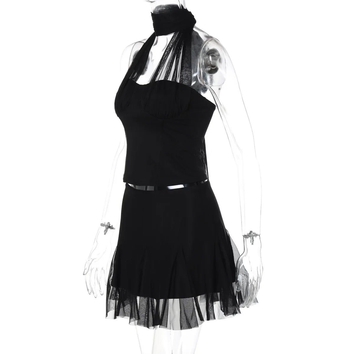 Strapless Ribbon Scarf Top And Mini Skirt Set