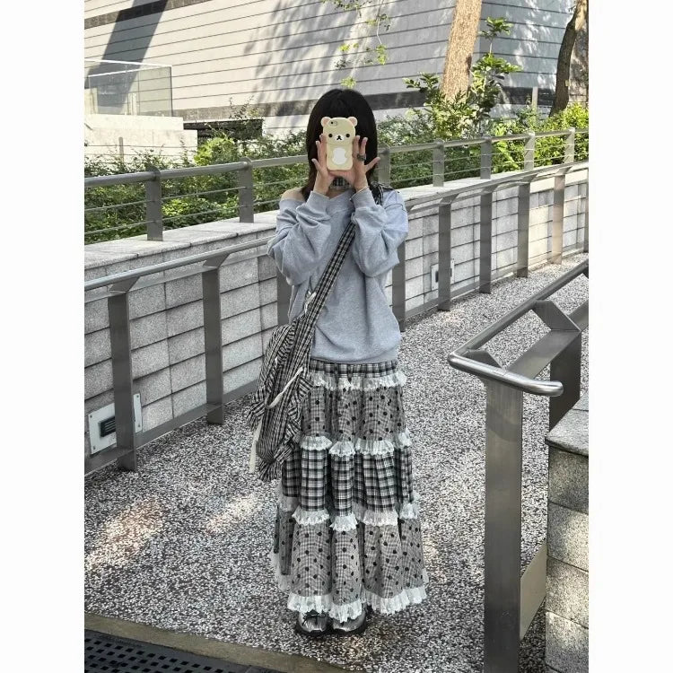 Black Plaid and Polka Dot Lace Patchwork Ruffles A-line Maxi Skirt - Casual Regular Fit