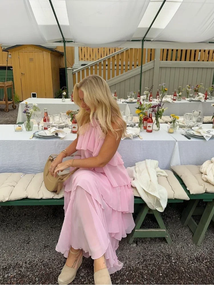 Pink Pleated Halter Maxi Dress