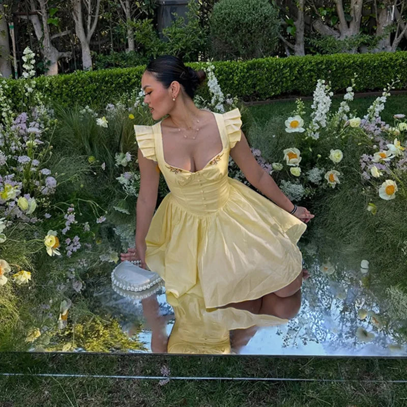 Yellow Floral Embroidery Flare Sleeve Mini Dress