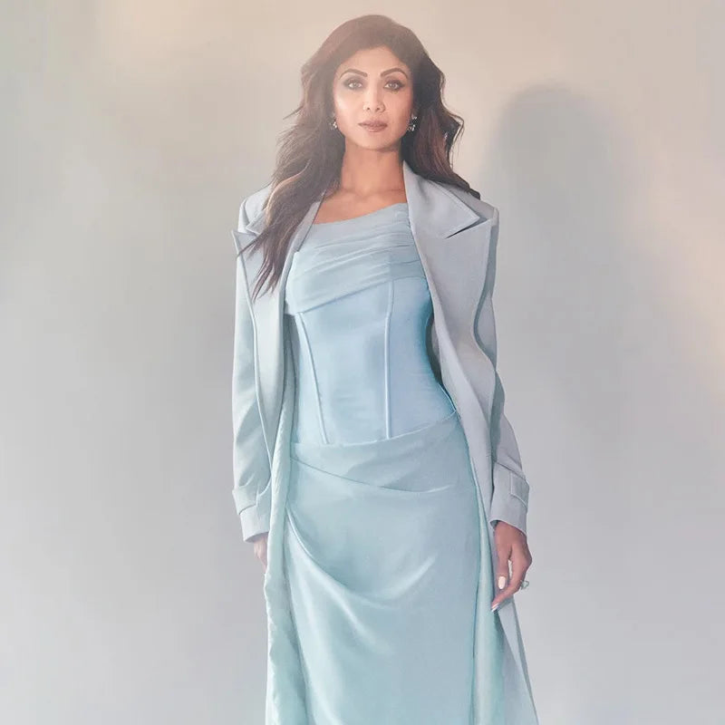 Blue Satin Corset Chiffon Off-shoulder Maxi Dress