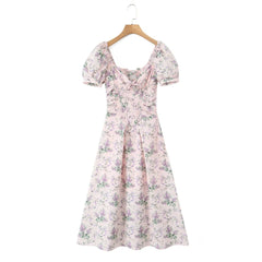 Pink Puff Sleeve Floral Print Midi Dress