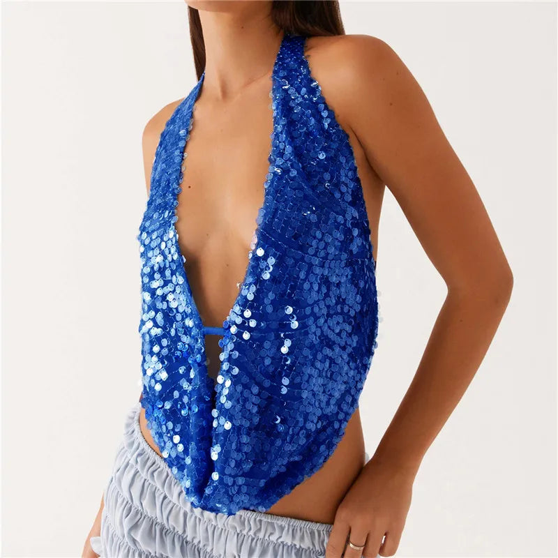 Deep Neck Sequin Halter Top â€?Backless Shine