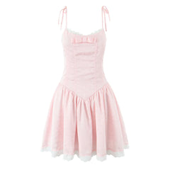 Tie Up Bow Lace Trim Flare Mini Dress