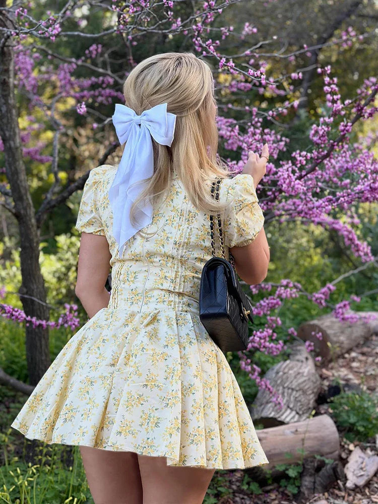 Yellow Floral Puff Sleeve Mini Dress