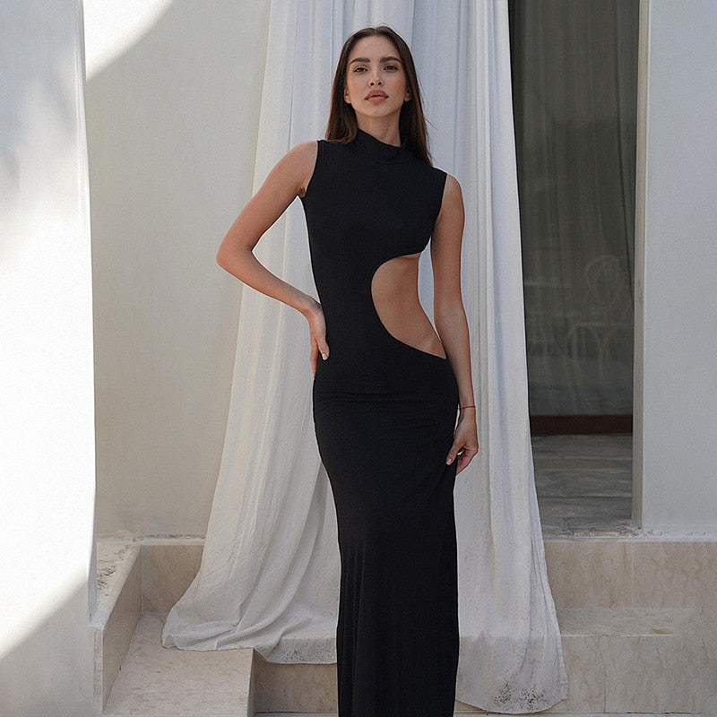 Black Mock Neck Tank Side Cut Out Maxi Dress