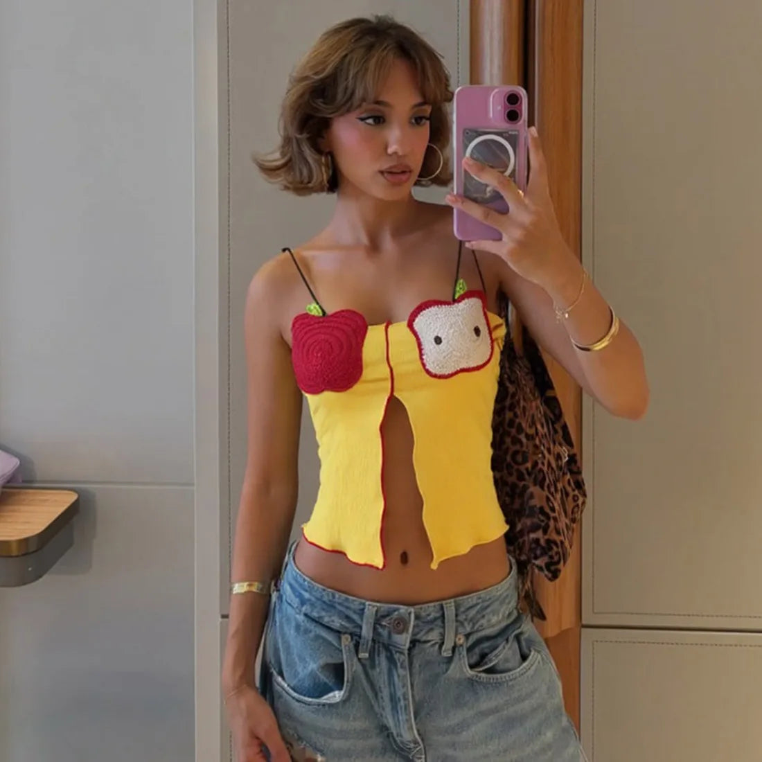 Fruit Embroidery Split Crop Top - Sweet Backless Cami