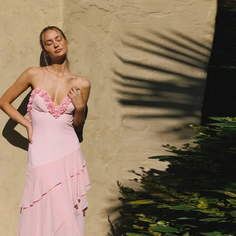 Pink Frill Layered Strap Maxi Dress