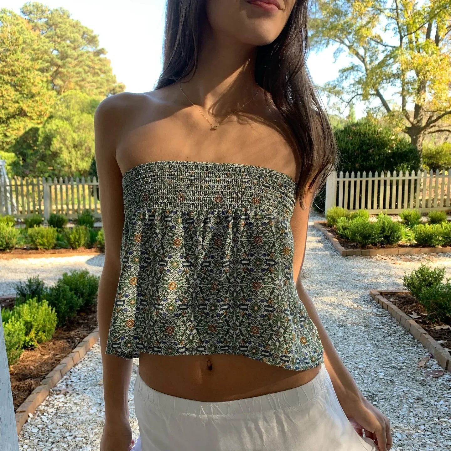 Flower Print Smocked Lace-up Tube Top