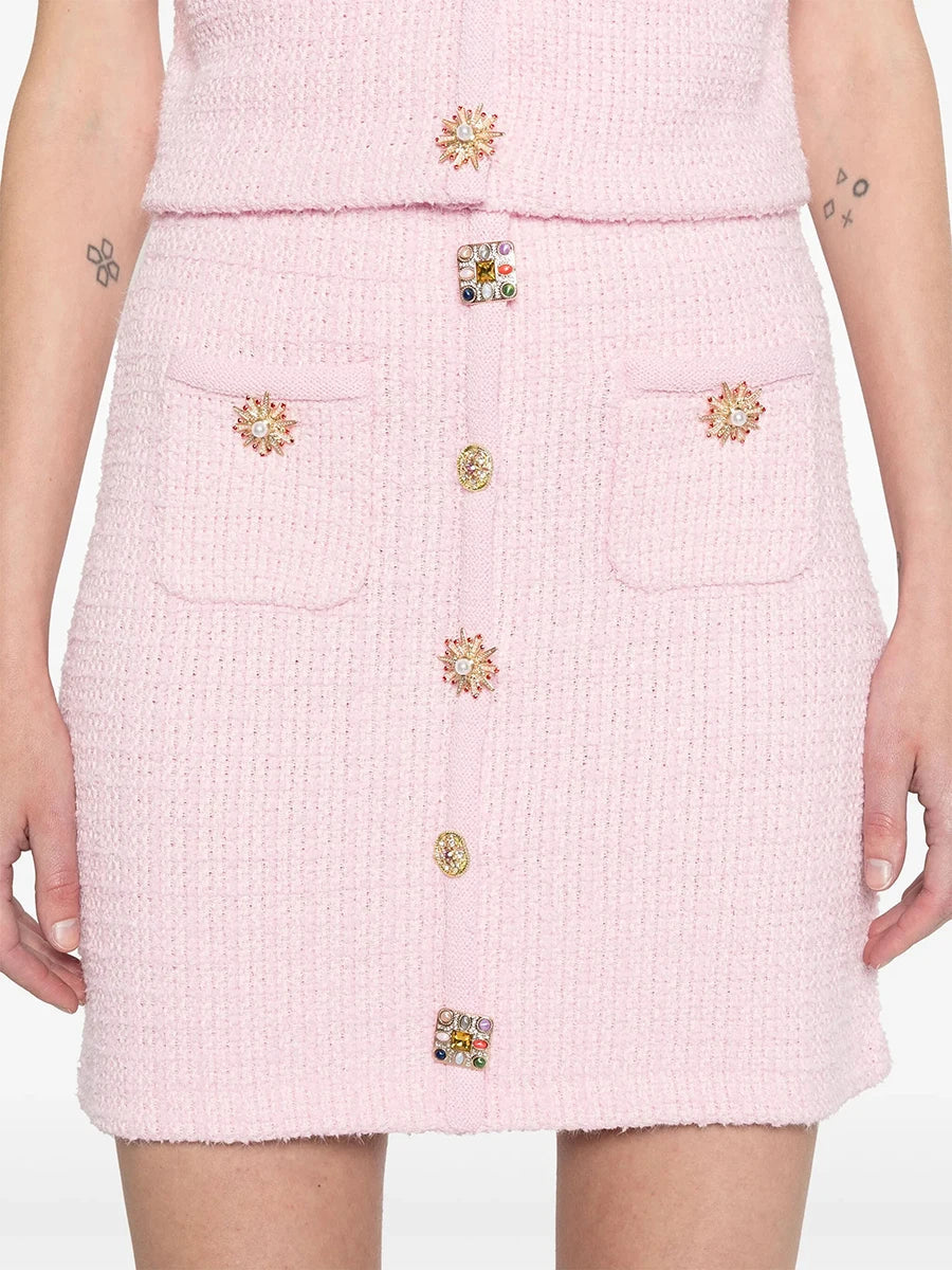 Knit Brooch Short Sleeve Top And Mini Skirt