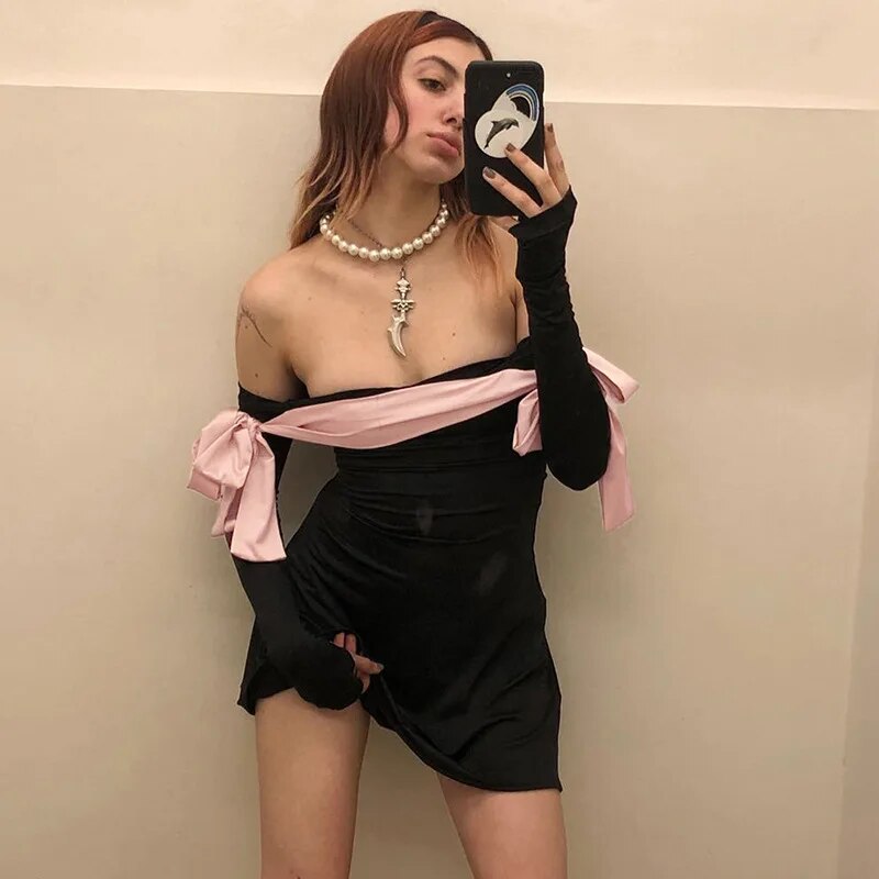 Black Off-shoulder Bow Long Sleeve Mini Dress