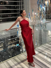 Red Satin Halter Maxi Dress