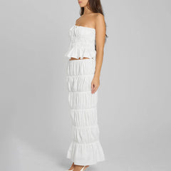 Ruched Strapless Crop Top Maxi Skirts Trim